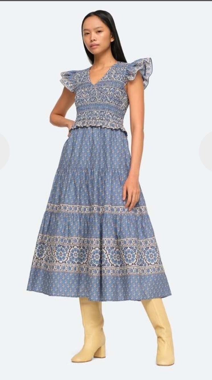 SEA New York Celia / Feenanda Smocked Tiered Midi Dress Blue Floral Block 00